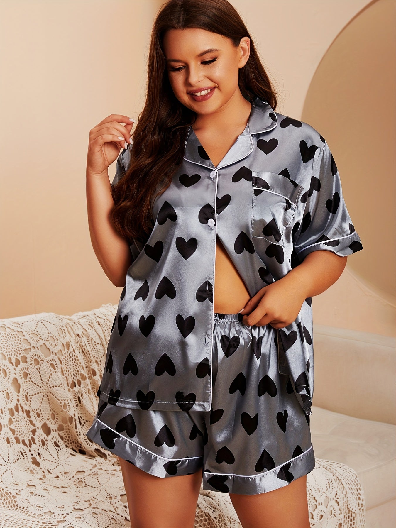  Heart Print Satin Pajama Set Short Sleeve Shirt & Shorts