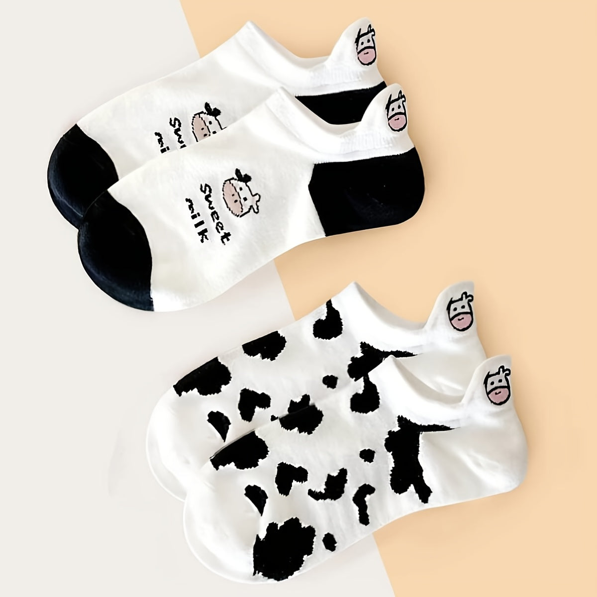 2 Pairs Cartoon Cow Print Socks & Lightweight Low Cut Ankle Socks