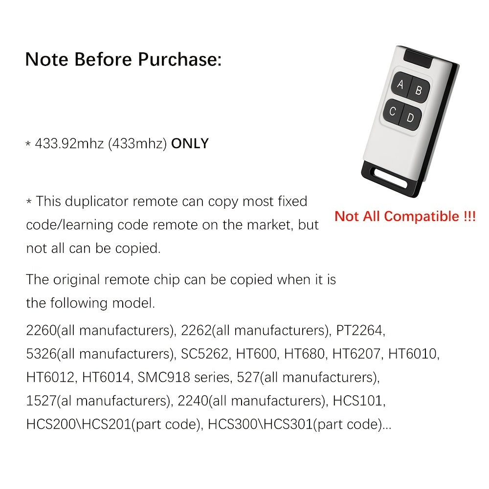 433MHz Remote Duplicator Garage Door 4 Buttons Copy Cloning