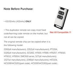 433MHz Remote Duplicator Garage Door 4 Buttons Copy Cloning