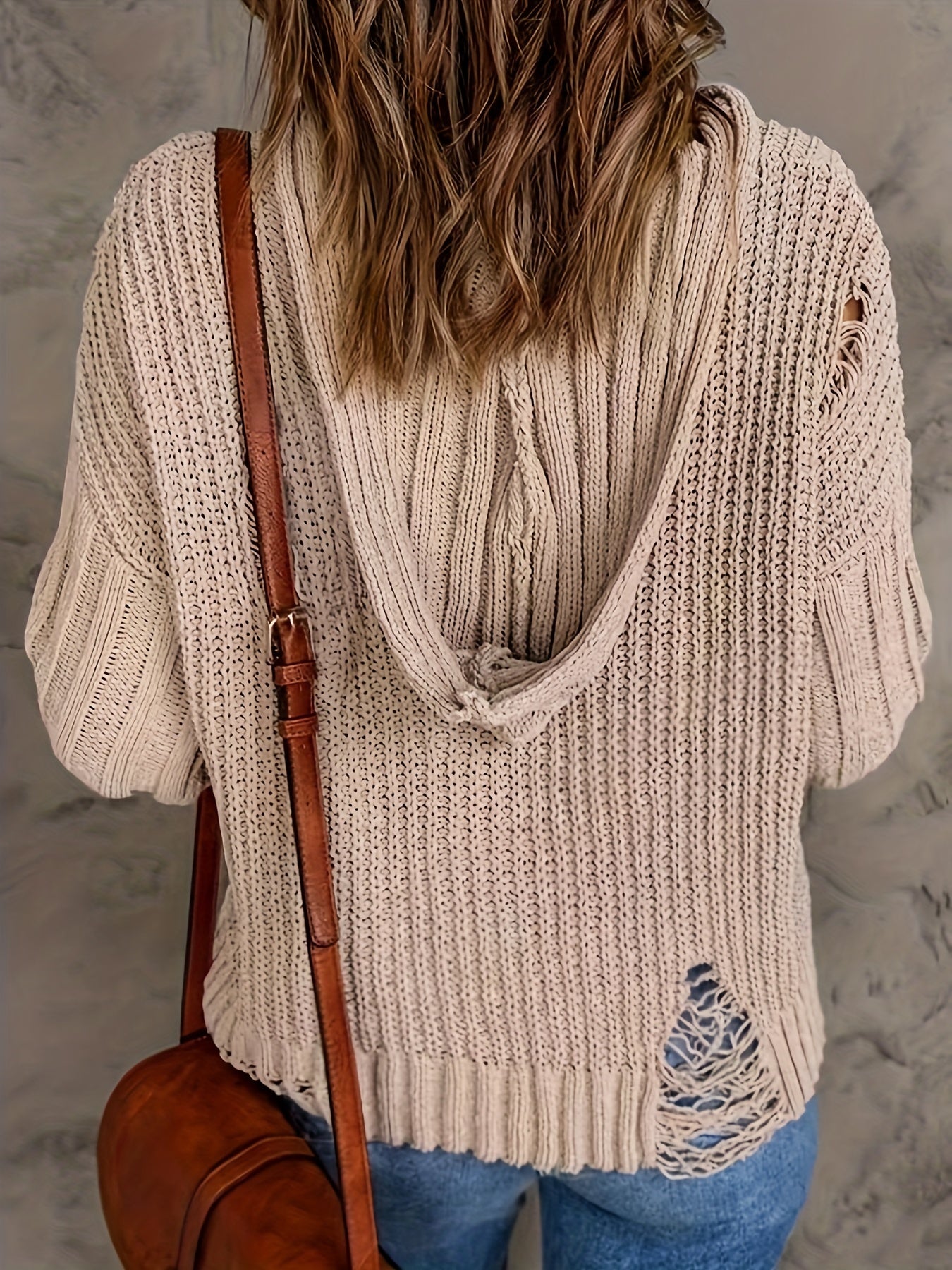  Casual Sweater Solid Chunky Ripped Lace Up Long Sleeve Hooded Pullover