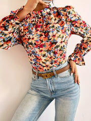  Floral Print Lantern Sleeve Mock Neck Top