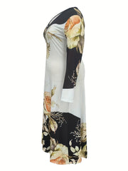  Floral Print Long Sleeve V Neck Maxi Dress
