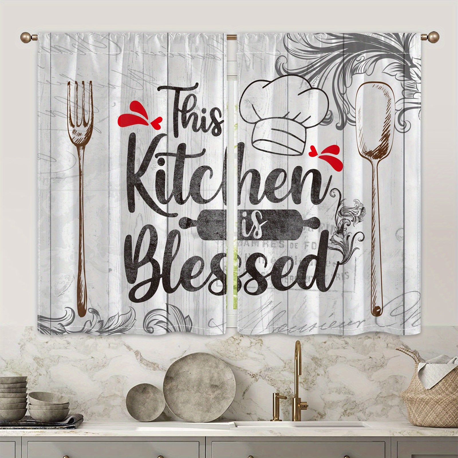 2pcs Vintage Kitchen Blessing Words Half Blackout Curtains