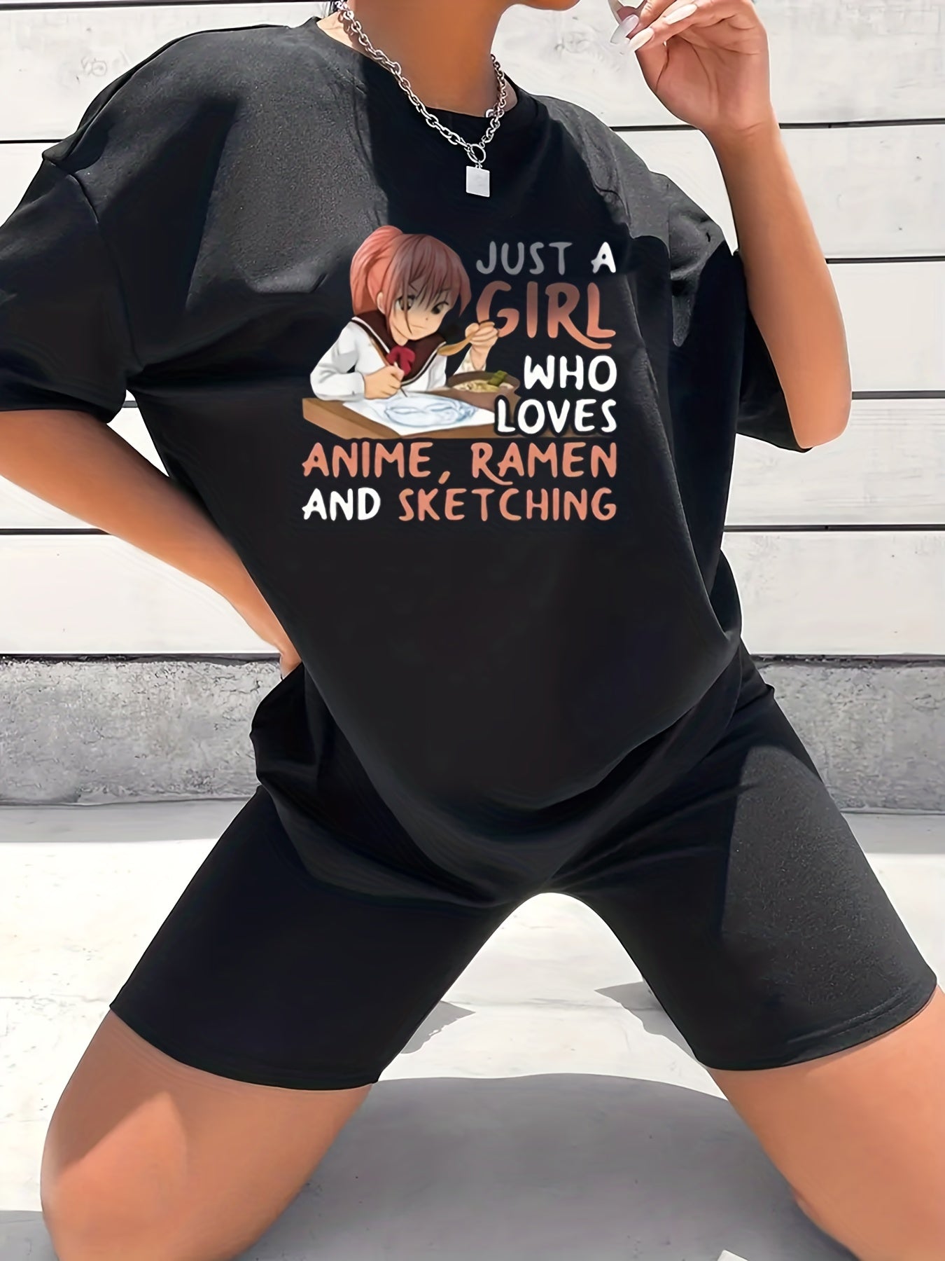2pcs Anime Graphic Crew Neck Short Sleeve T shirts & Solid Shorts Set