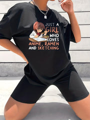 2pcs Anime Graphic Crew Neck Short Sleeve T shirts & Solid Shorts Set