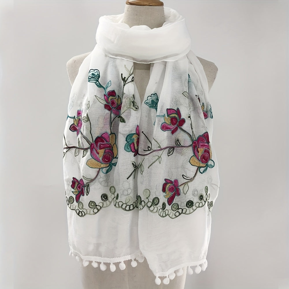 Flower Embroidery Vintage Scarf Boho Tassel Shawl Solid