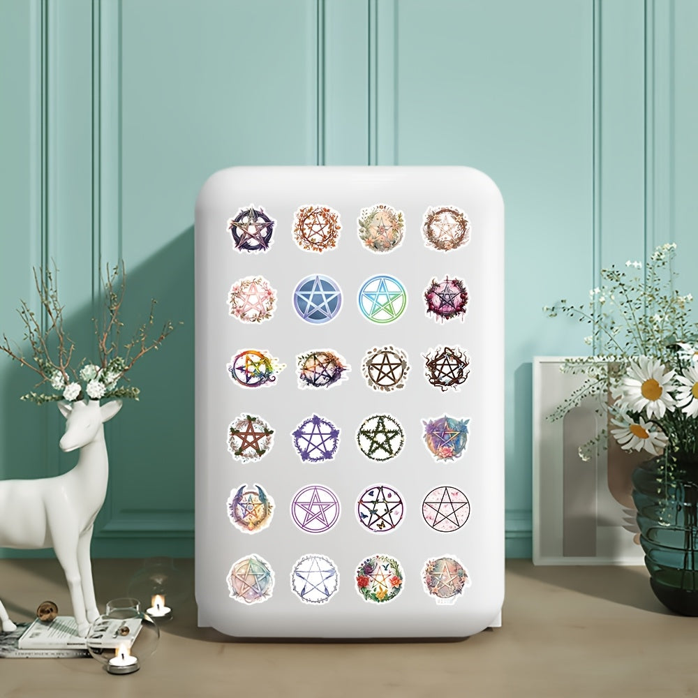 52 Vinyl Pentagram Stickers: Mystical & Floral Designs - Reusable Self Adhesive