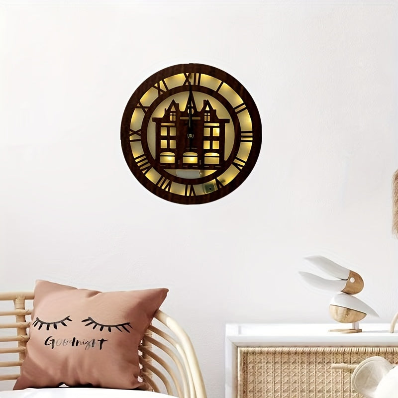 LED Lights Wooden Holiday Home Decoration Wall Hanging House Watch