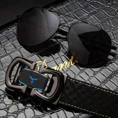 Father's Gift Men's Belt Sunglasses Set Cowhide Belt Automatic Buckle