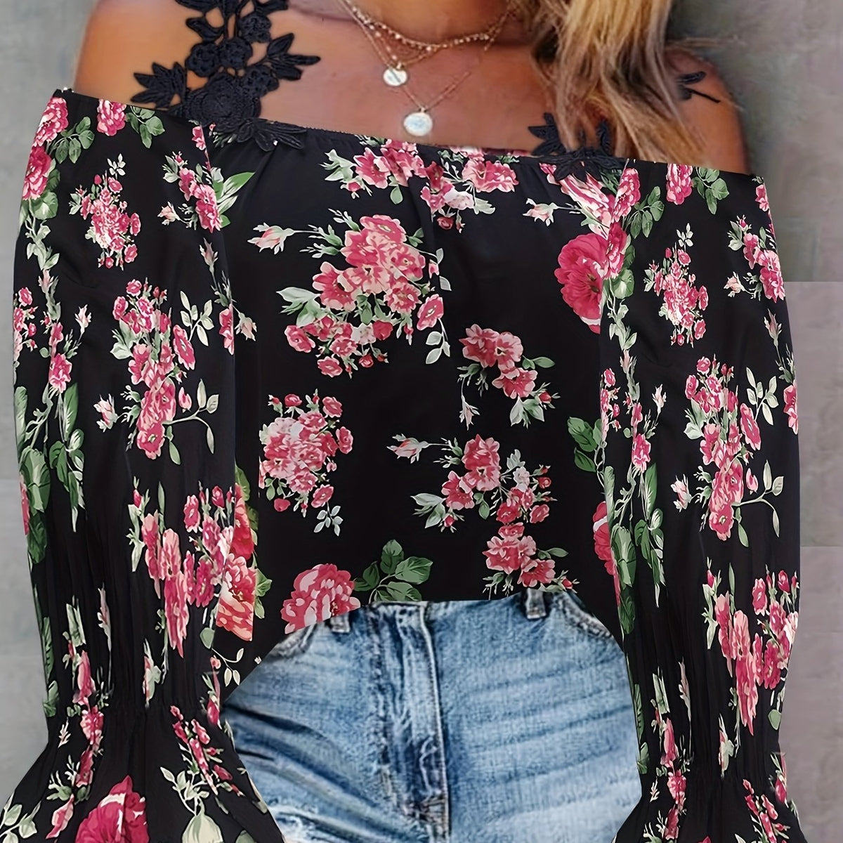  Floral Print Cold Shoulder Flounce Sleeve Top