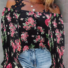  Floral Print Cold Shoulder Flounce Sleeve Top