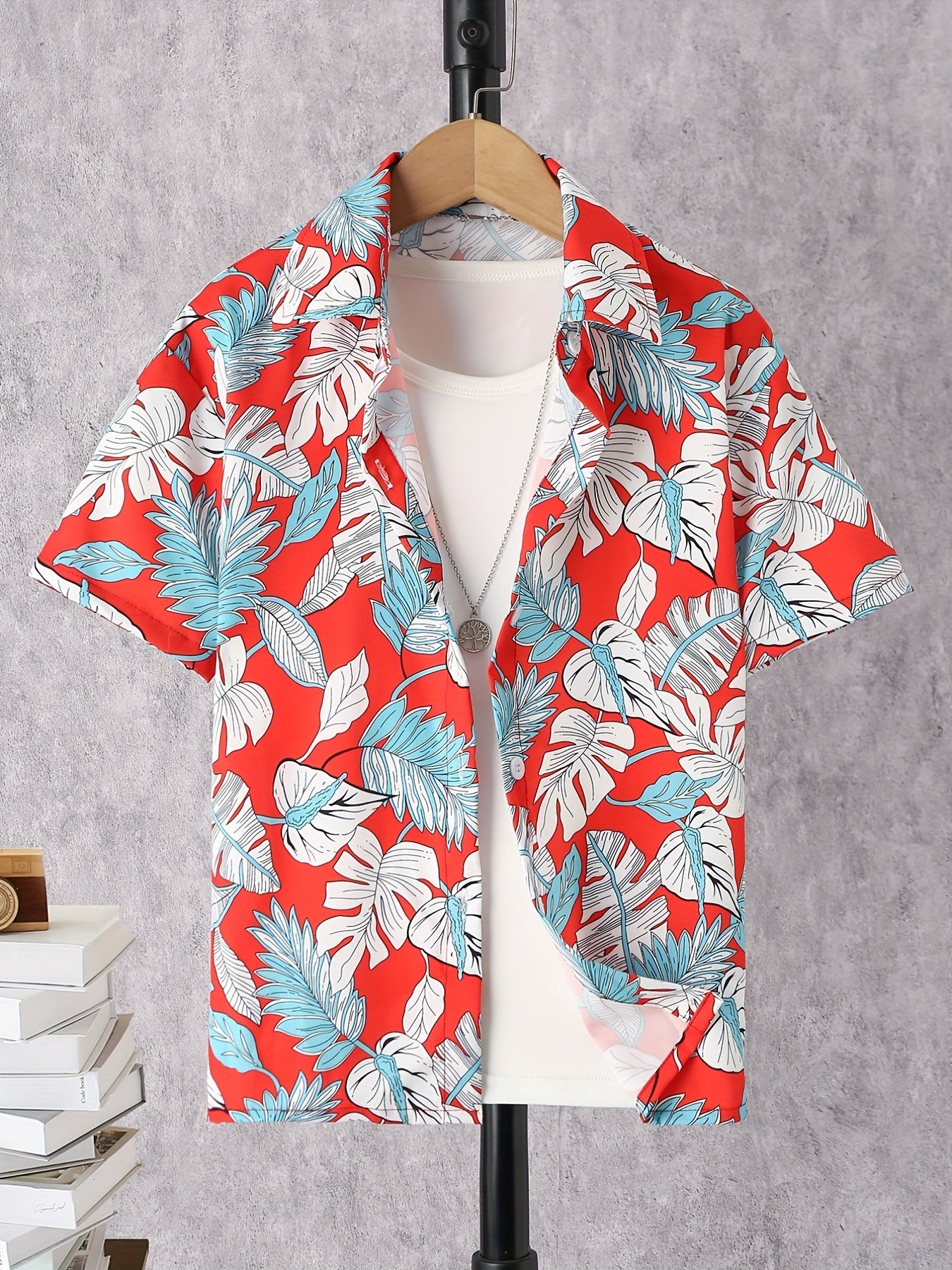 Boys Leaf Print Short Sleeves Shirt For Vacation Beach Kids Summer Clothes