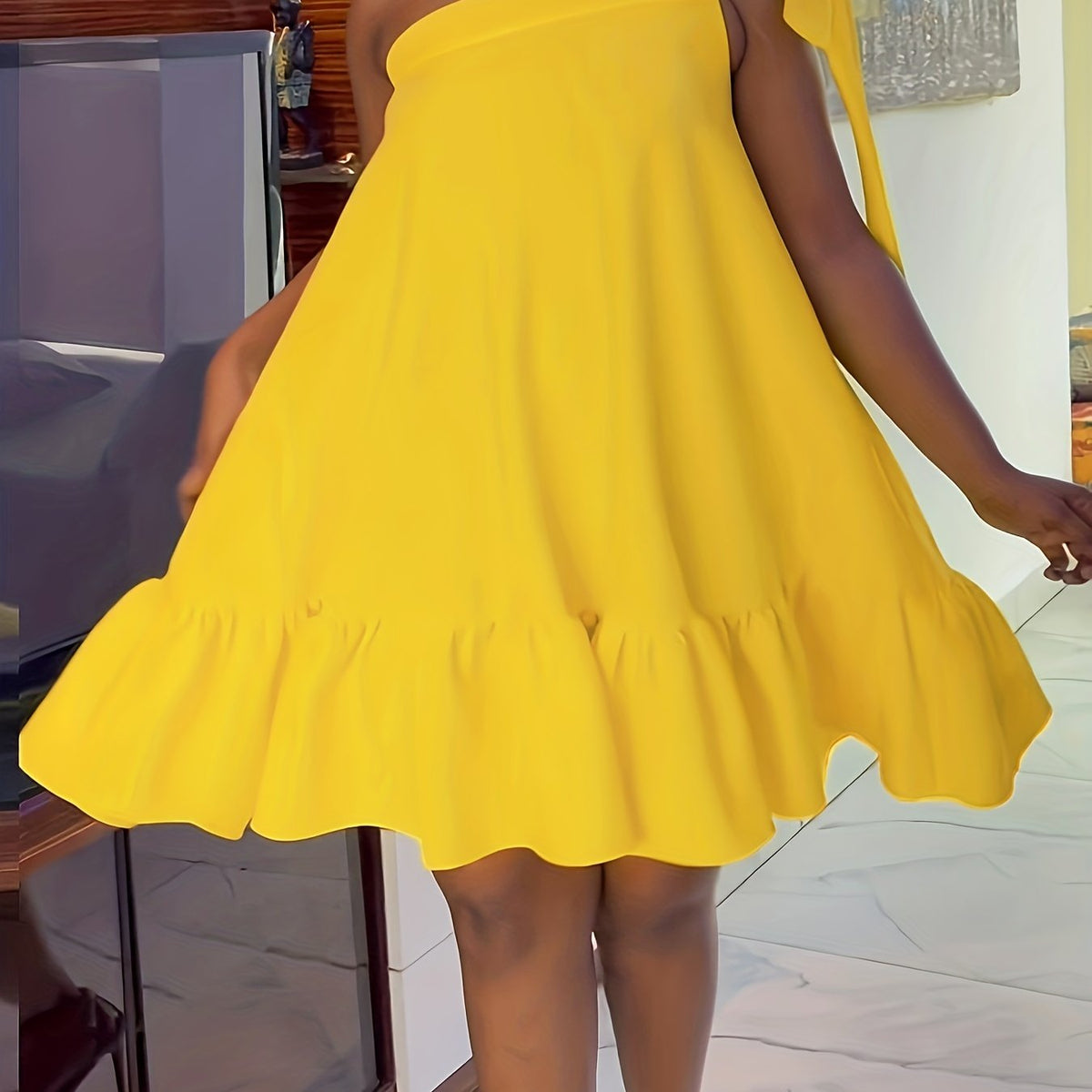 Women's One Shoulder Ruffle Mini Dress