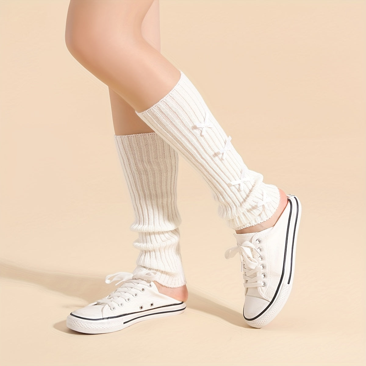Bow Decor Leg Warmers Knee High Socks Women's Stockings
