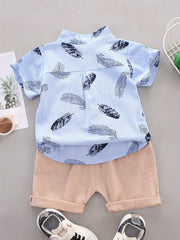 2pcs Baby Boys Feather Print Shirt & Shorts Set Cotton Casual Clothes