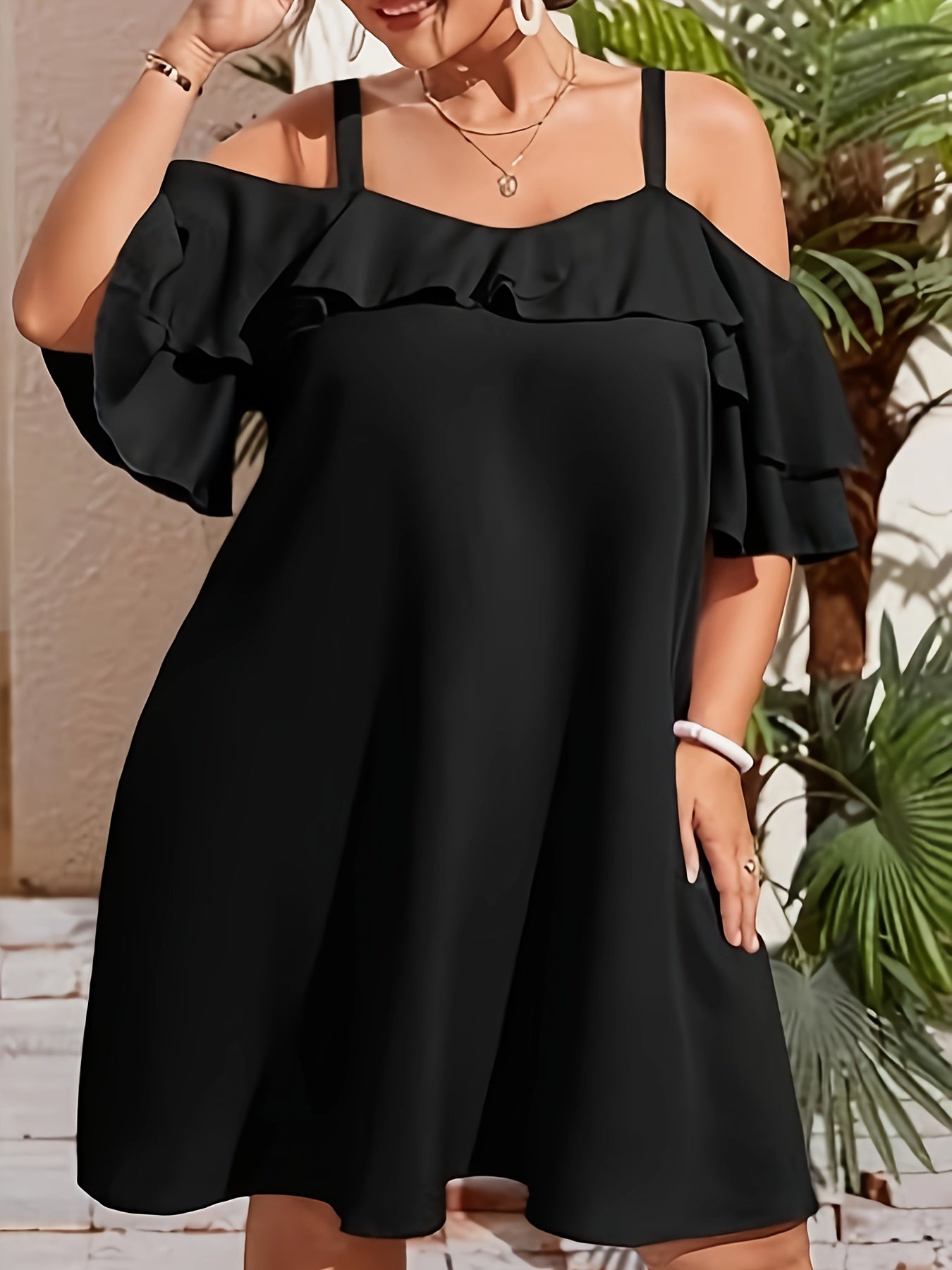  Solid Ruffle Trim Cold Shoulder Dress