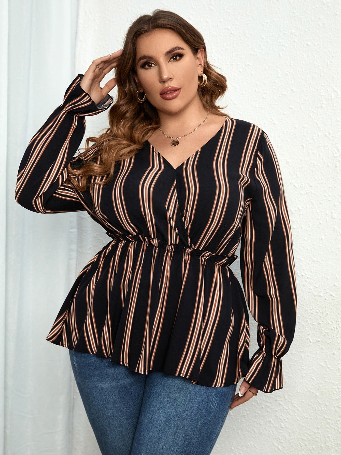  Striped V Neck Long Sleeve Blouse with Flounce Sleeve