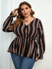  Striped V Neck Long Sleeve Blouse with Flounce Sleeve