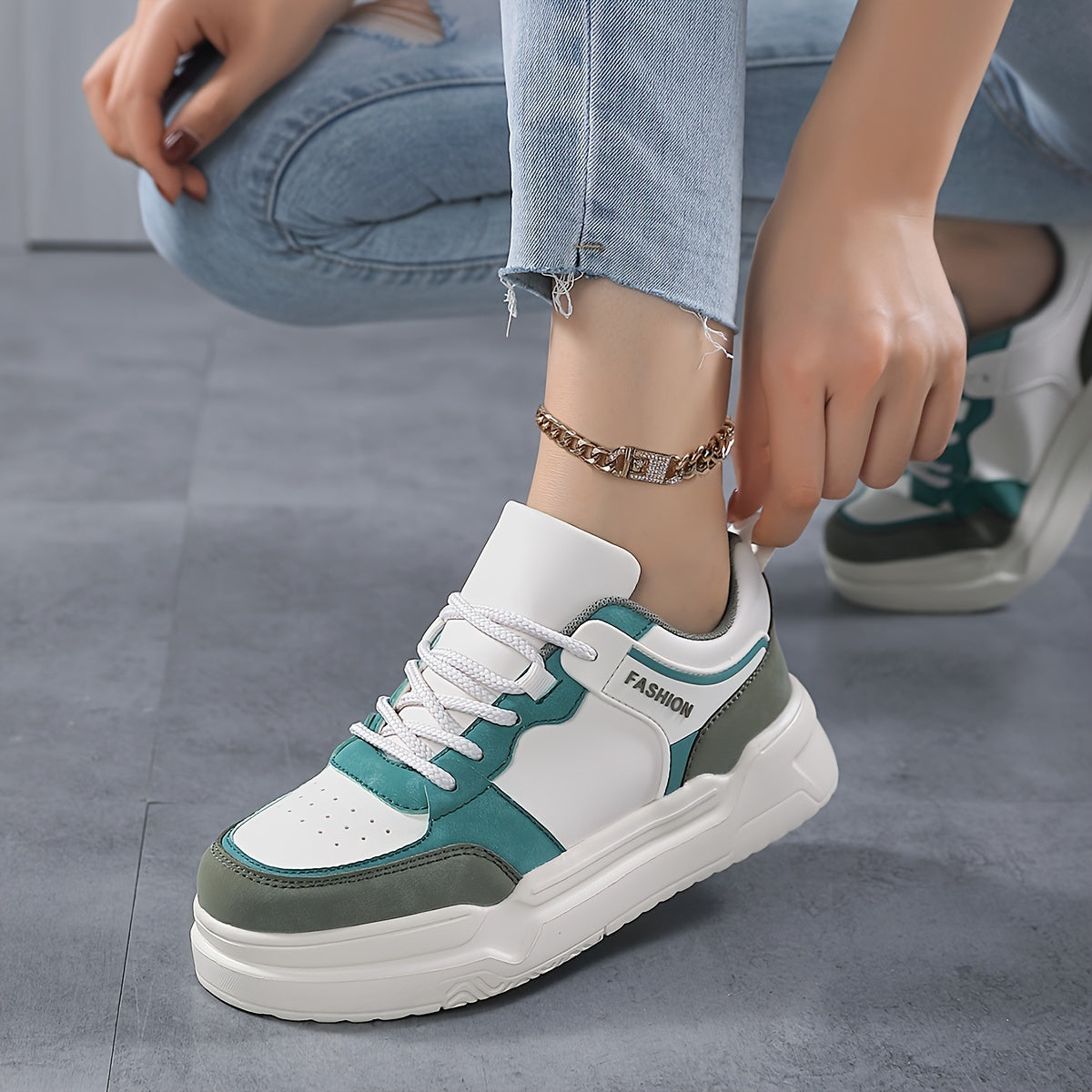 Women's Block Faux Leather Chunky Sneakers - Casual Heighten Skate Shoes