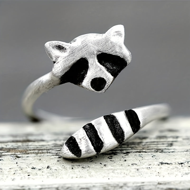 Vintage Raccoon Open Ring Silver Plated