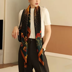 Vintage Flower Print Square Scarf Silk Shawl Casual Windproof Head Wrap Sunscree