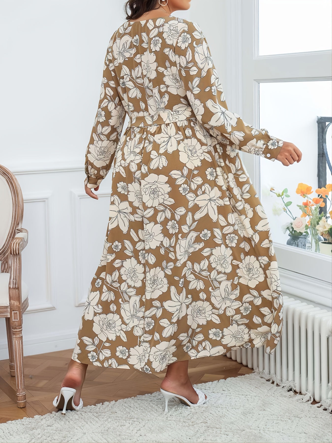 Floral Print V Neck Maxi Wrap Dress Plus Size