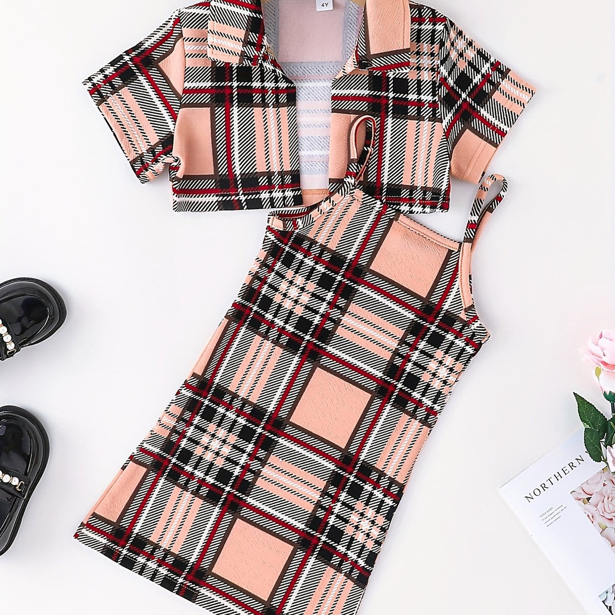 2pcs Toddler Girls Plaid Cami Dress & Crop Blouse Top Set