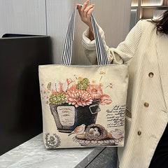 Cartoon Print Retro Tote Bag Large Shoulder Bag Women's Casual Handbag
