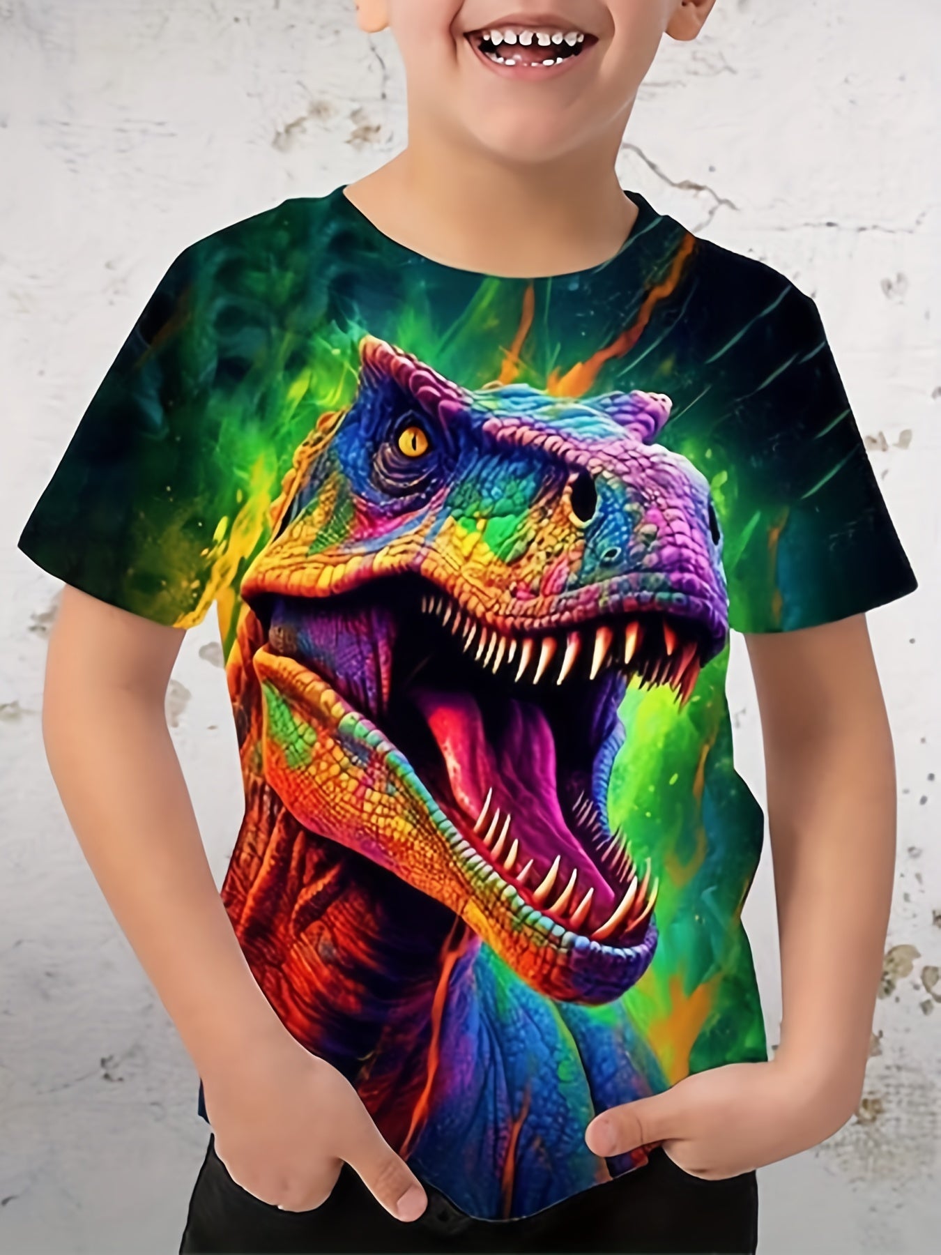 Boys Colorful Dinosaur Graphic T-shirt, Active Short Sleeve Tee
