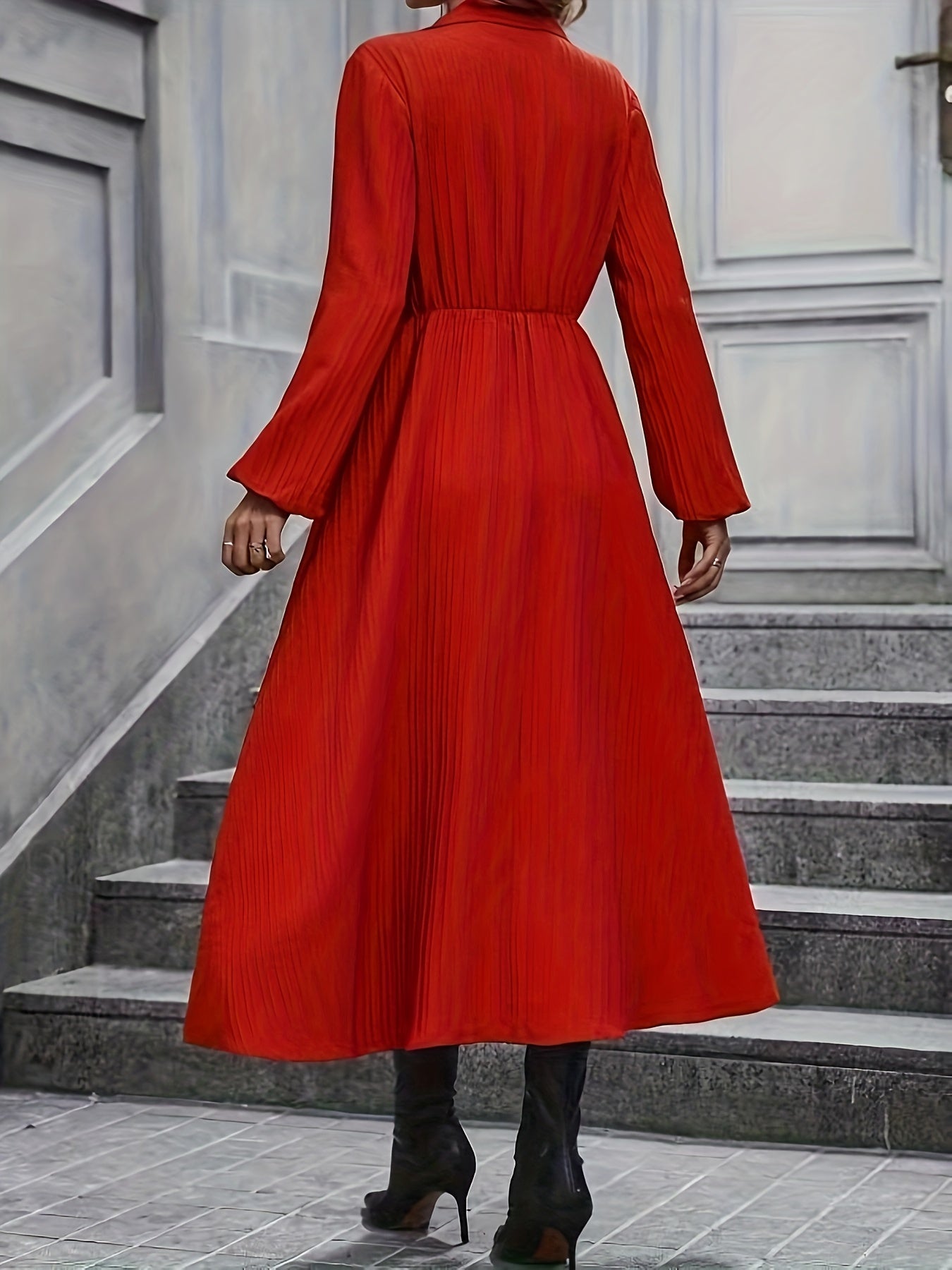  Solid Textured Lantern Sleeve Maxi Dress