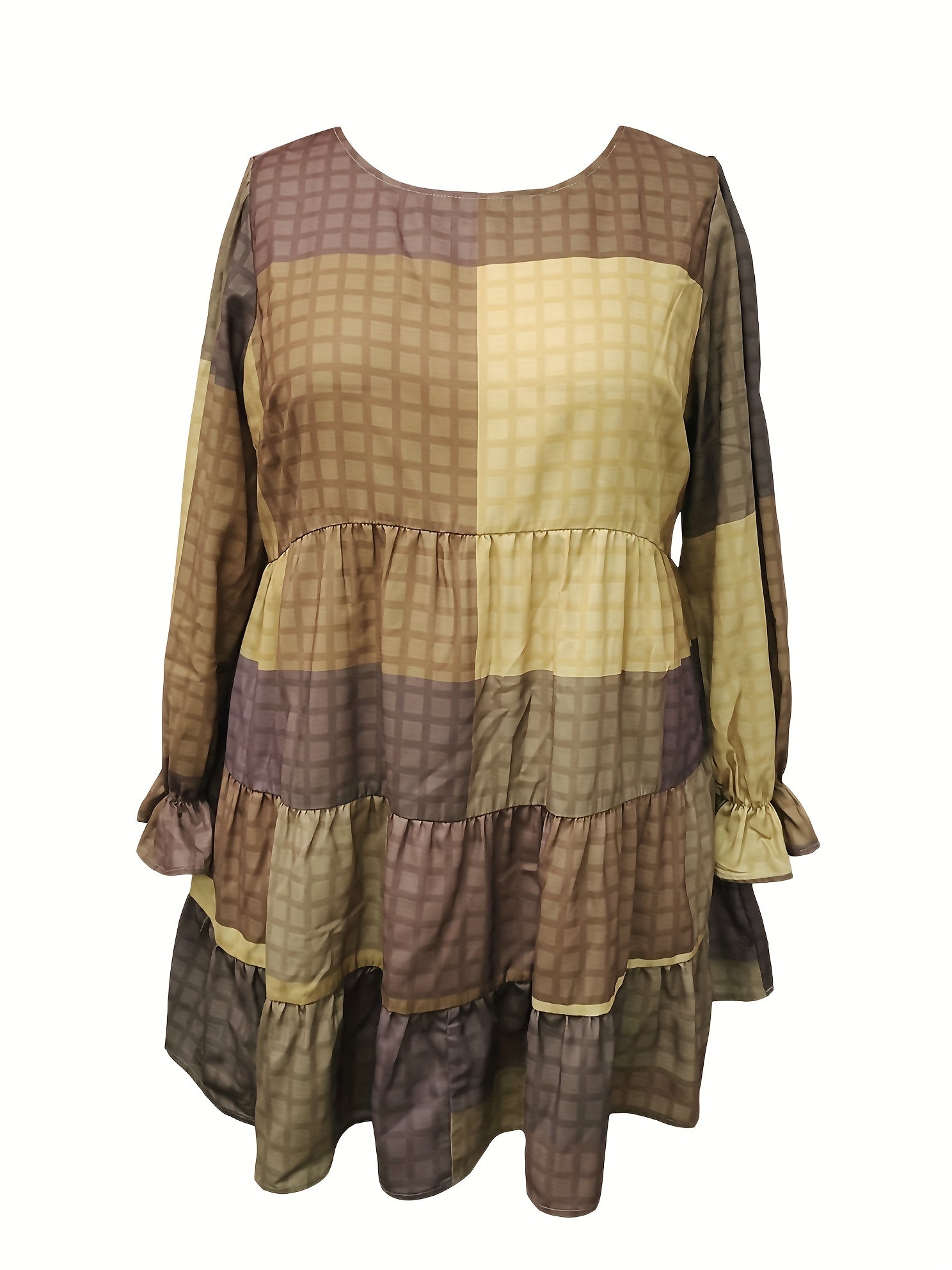  Colorblock Grid Print Lantern Sleeve Smock Dress