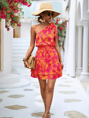Floral Print One Shoulder Boho Dress Knotted Waist Layered Dress