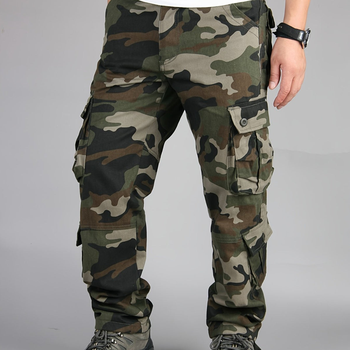 Solid Cotton Men's Cargo Pants for Outdoor Activities
