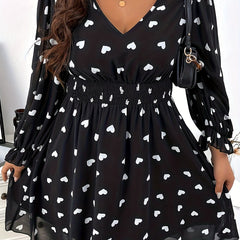  Heart Print Flounce Sleeve V Neck Mini Dress