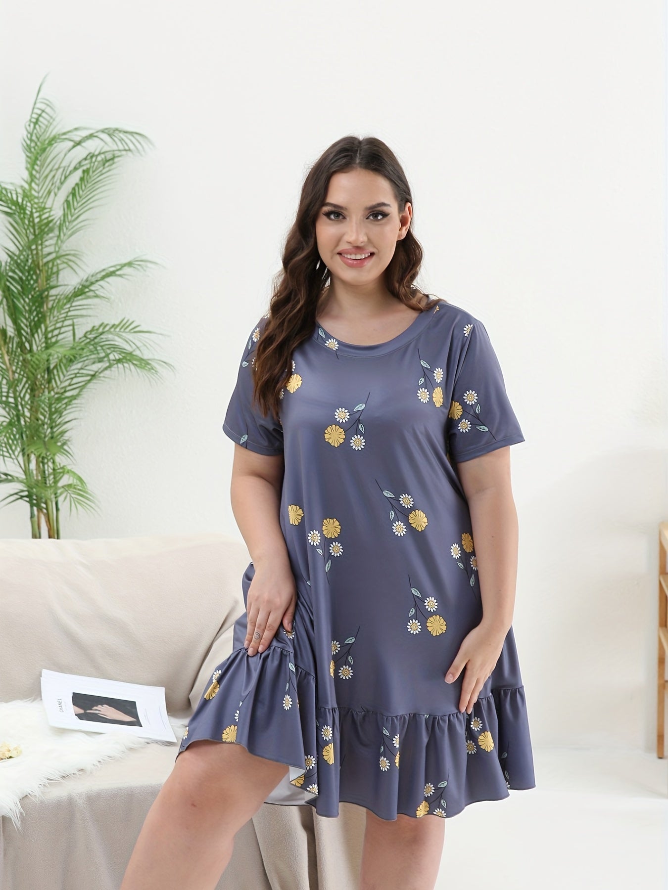  Floral Print Ruffle Trim Nightdress
