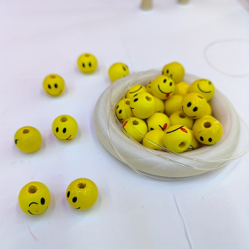 50pcs 1.0" Round Wooden Beads Smiling Face for DIY Crafts Holiday Jewelry