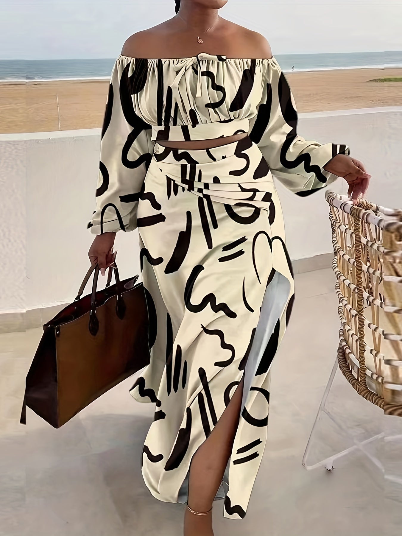 Abstract Graphic Print Off Shoulder Two piece Set