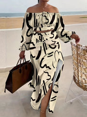 Abstract Graphic Print Off Shoulder Two piece Set