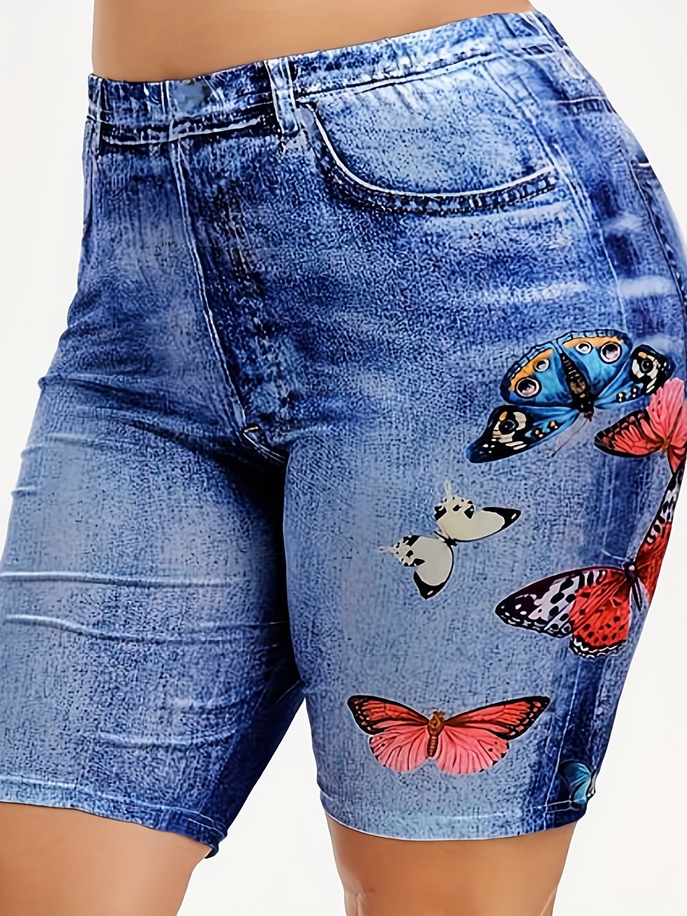  Denim & Butterfly Print High Rise Skinny Shorts