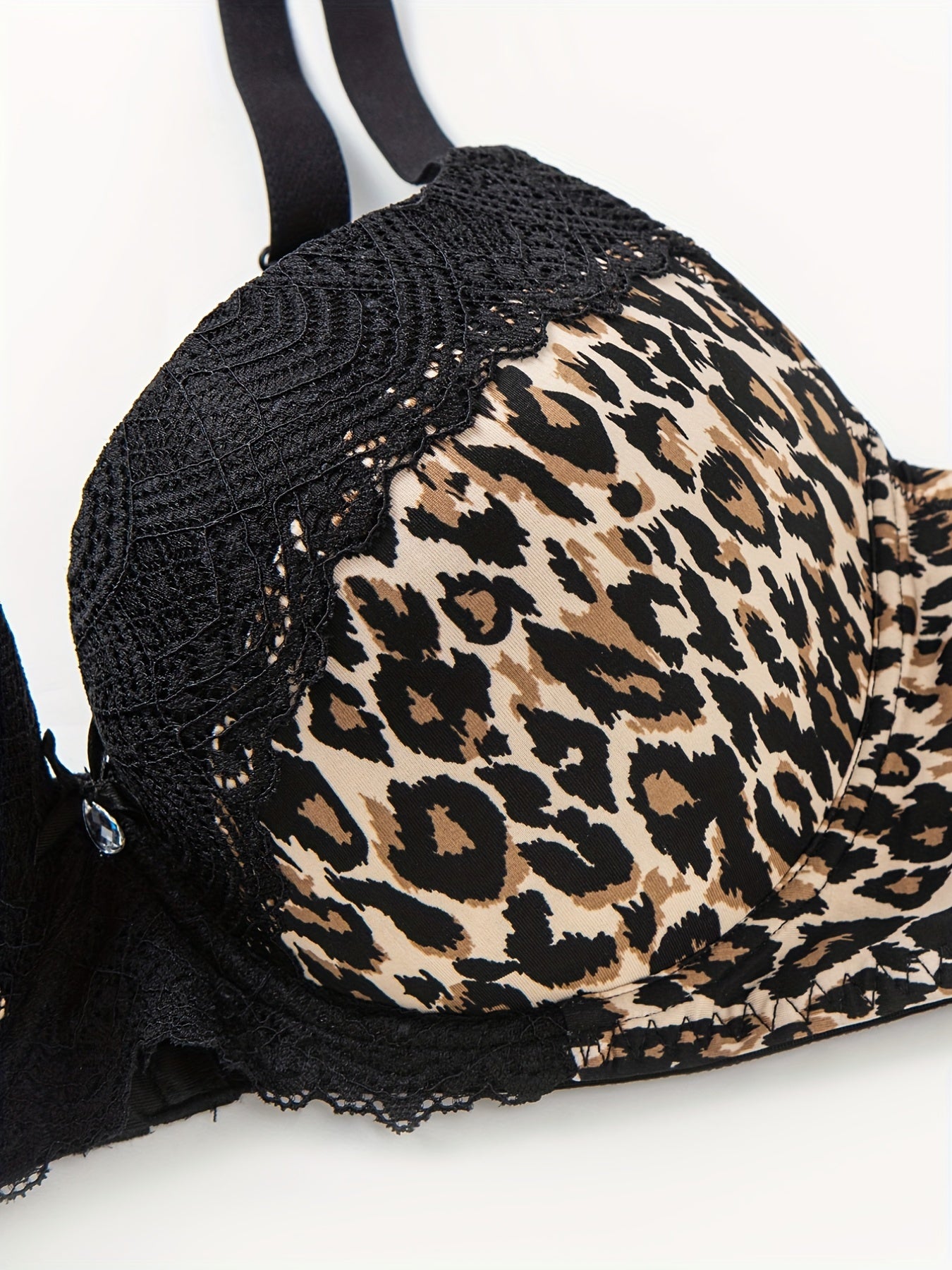  Leopard Print Lace High Stretch Rhinestone Bra