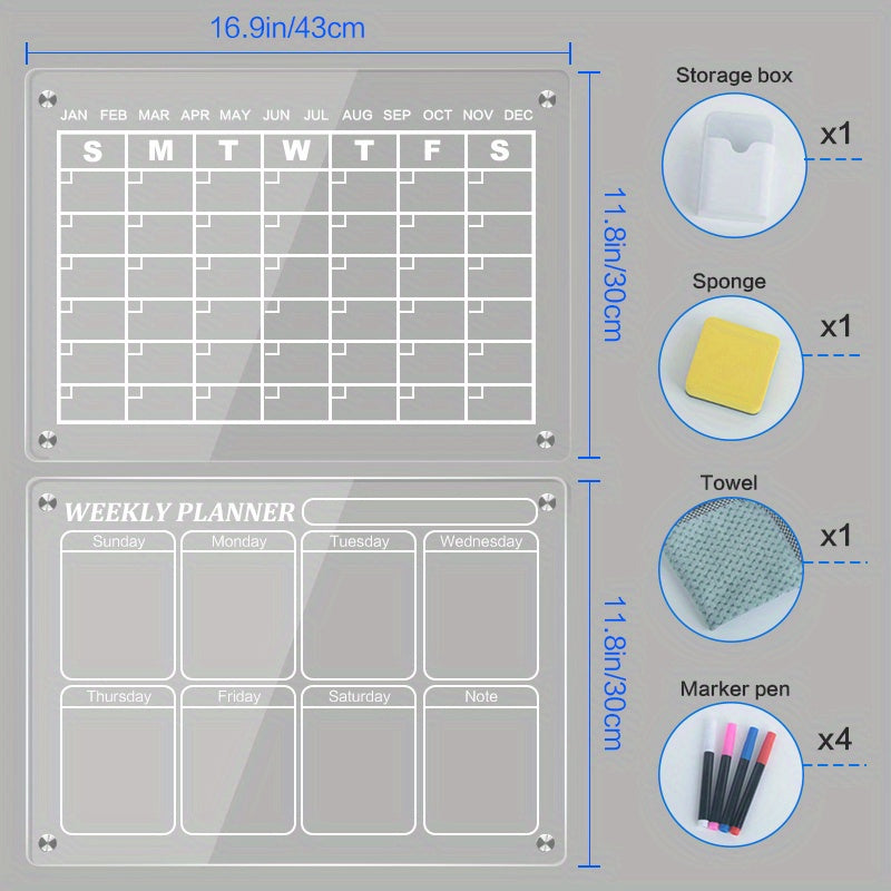 2pcs Magnetic Acrylic Dry Erase Board Week/Month Plan Message Display