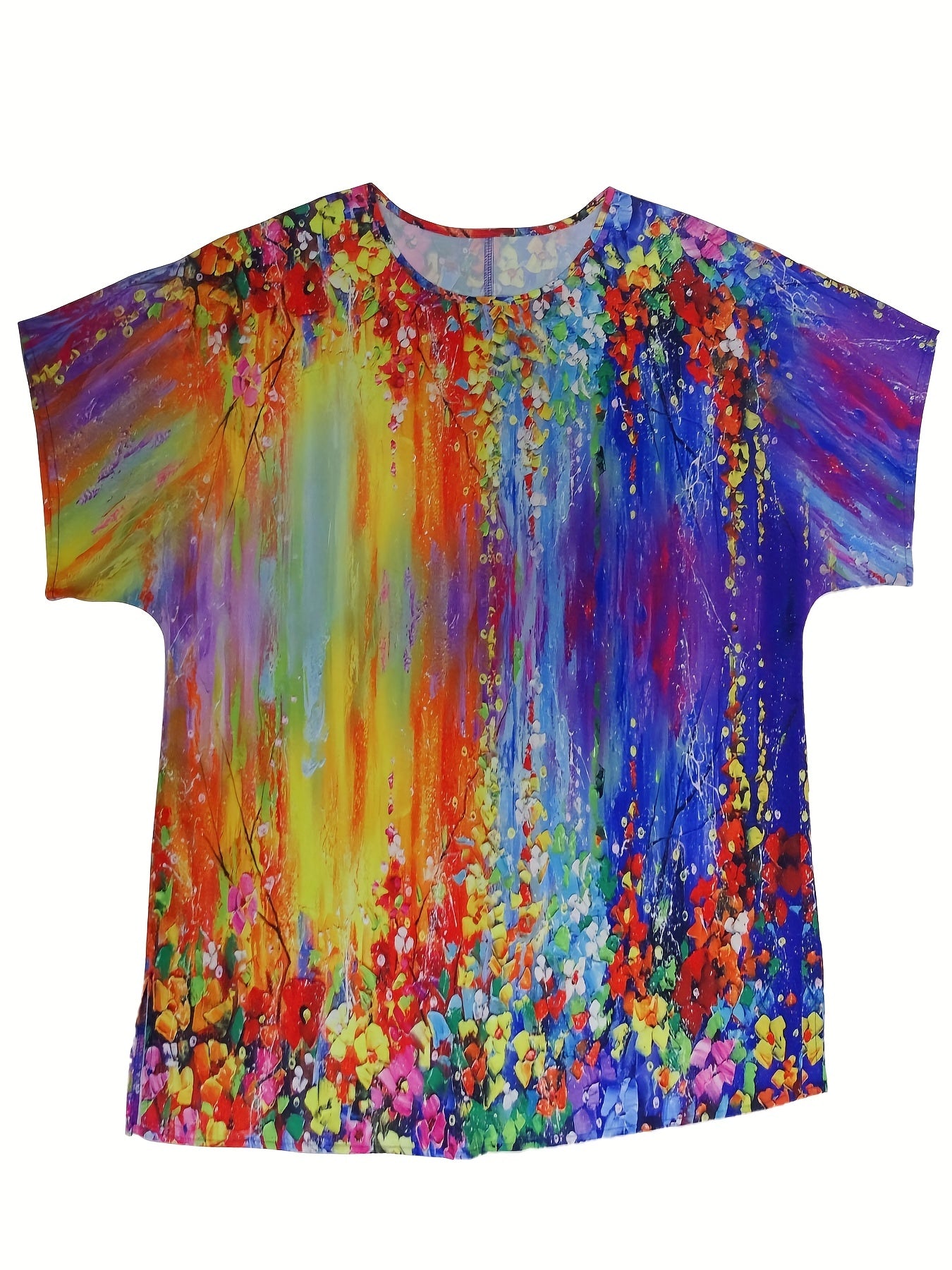  Painting Print Round Neck Drop Shoulder Short Sleeve Blouse