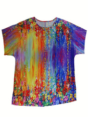 Painting Print Round Neck Drop Shoulder Short Sleeve Blouse