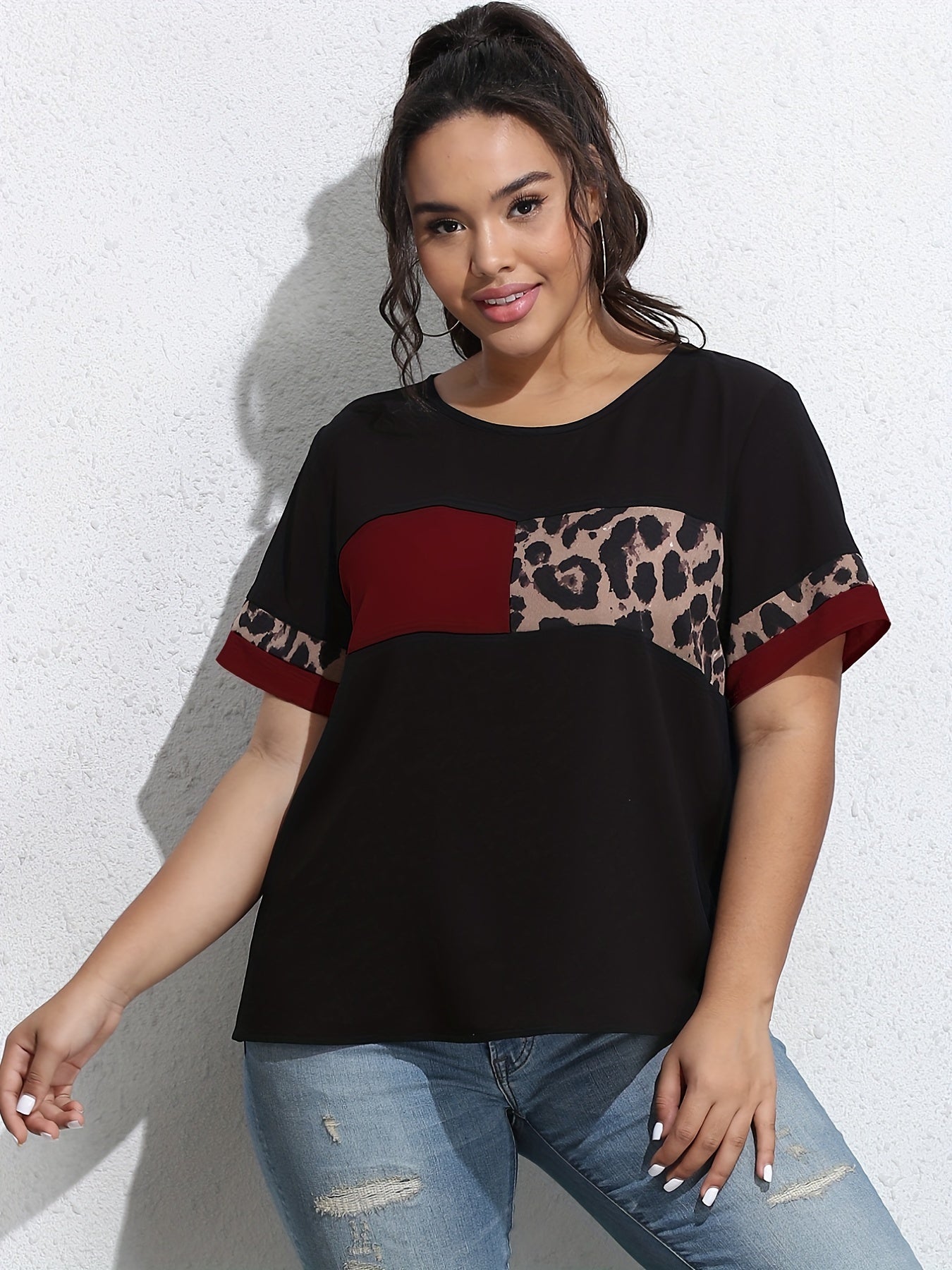  Colorblock Leopard Print Tee
