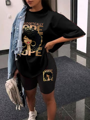  Cartoon Print Tee & Shorts Set Women's Casual 2pcs Outfits