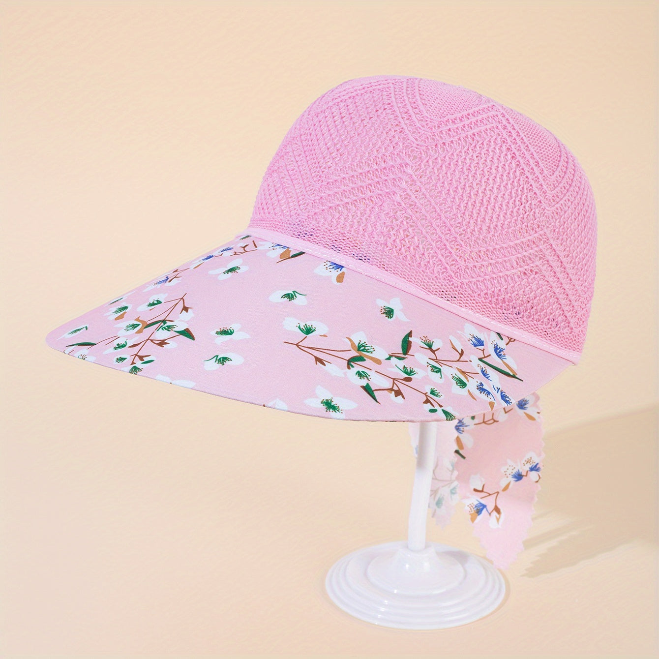 Flower Print Sun Hat Hollow Knitted Lace Up Visor Hat