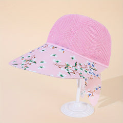 Flower Print Sun Hat Hollow Knitted Lace Up Visor Hat