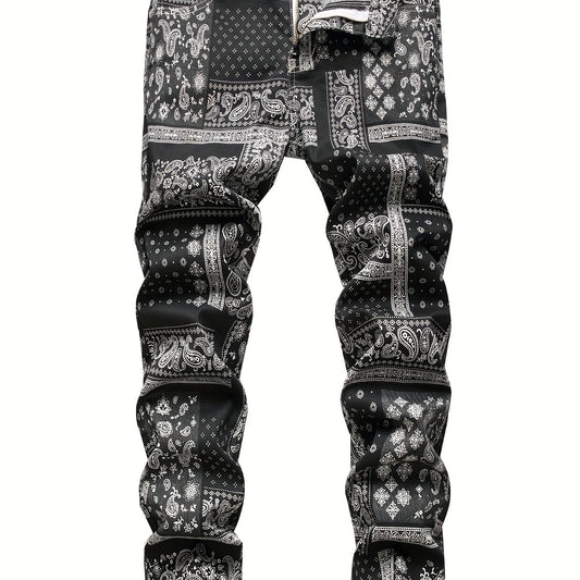 Paisley & Floral Pattern Slim Fit Jeans Men's Street Style Denim Pants