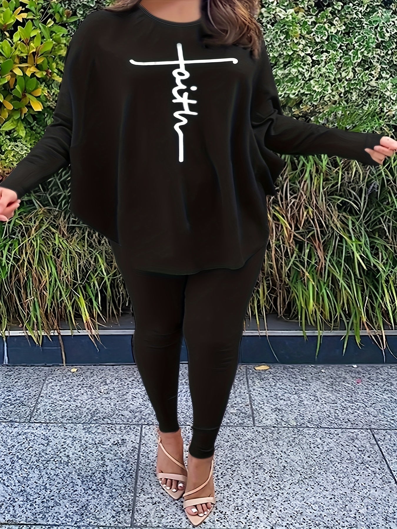 Plus Size Casual Outfit Women's Plus Cross Letter Print Top & Pants Set